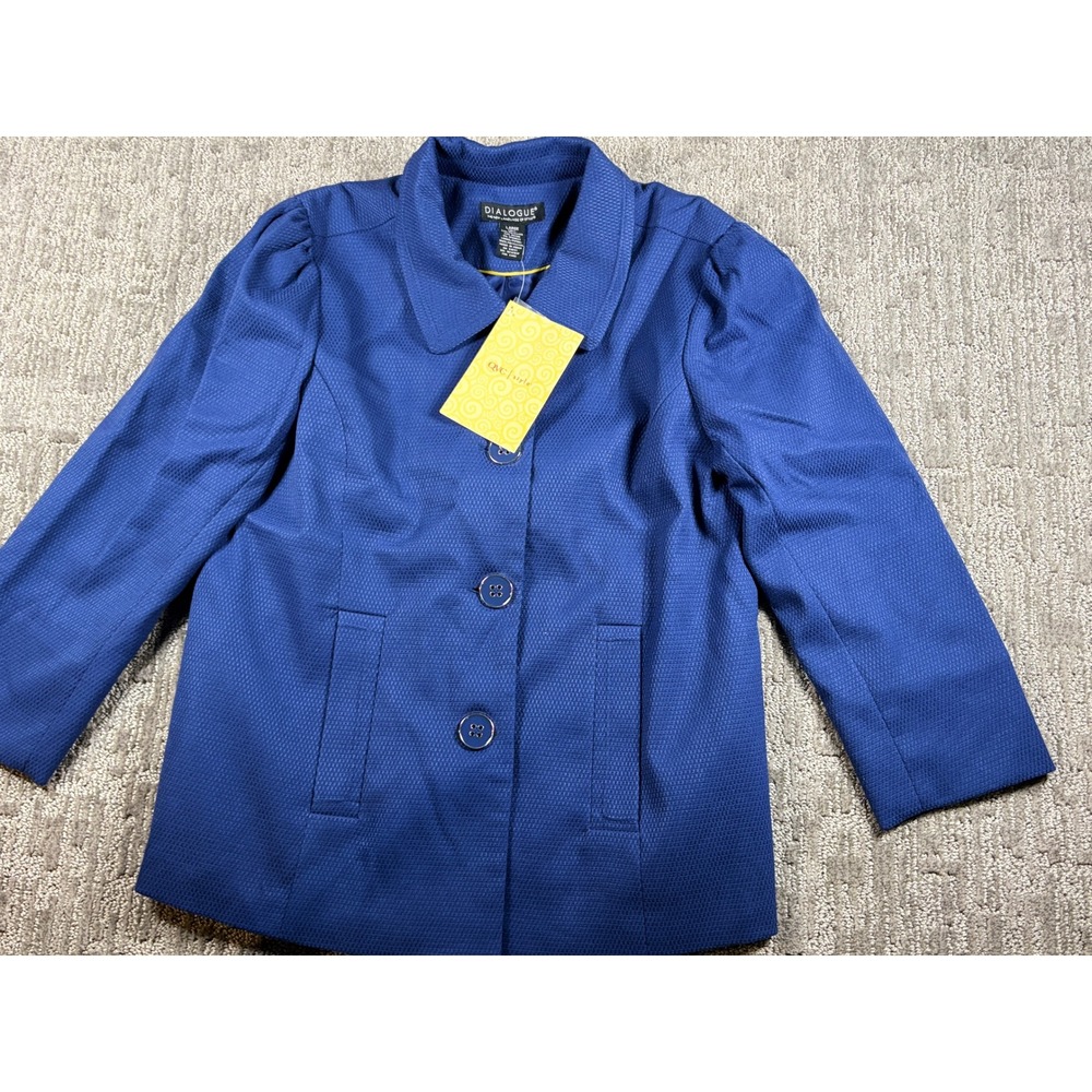 Dialogue Blazer Large Blue Textured Puff Shoulder 3/4 Sleeve Button Front Jacket